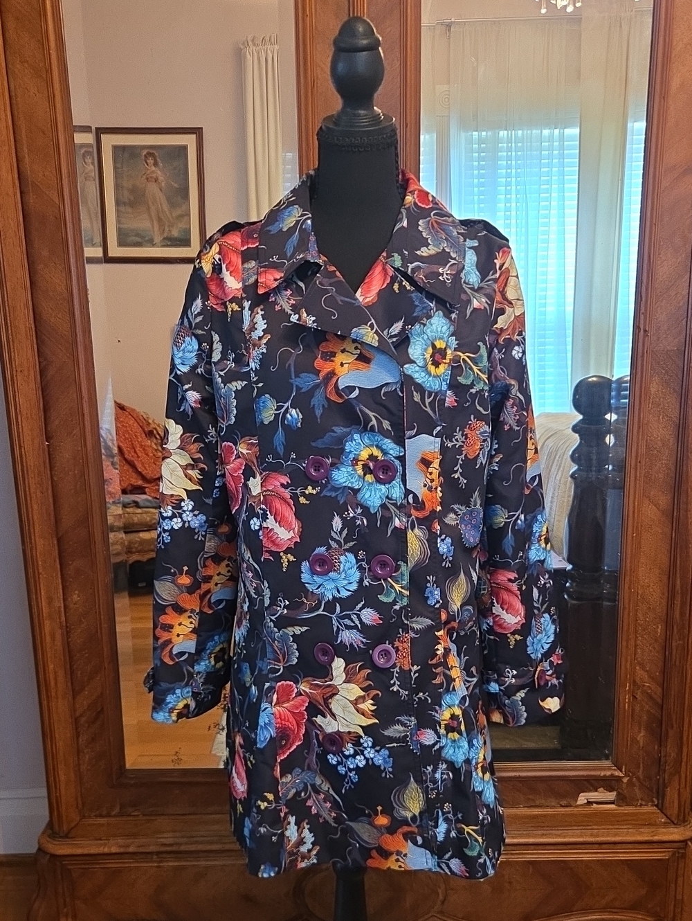 Women's Black Floral Print Trench Coat - Vibrant Multi-Color Pattern
